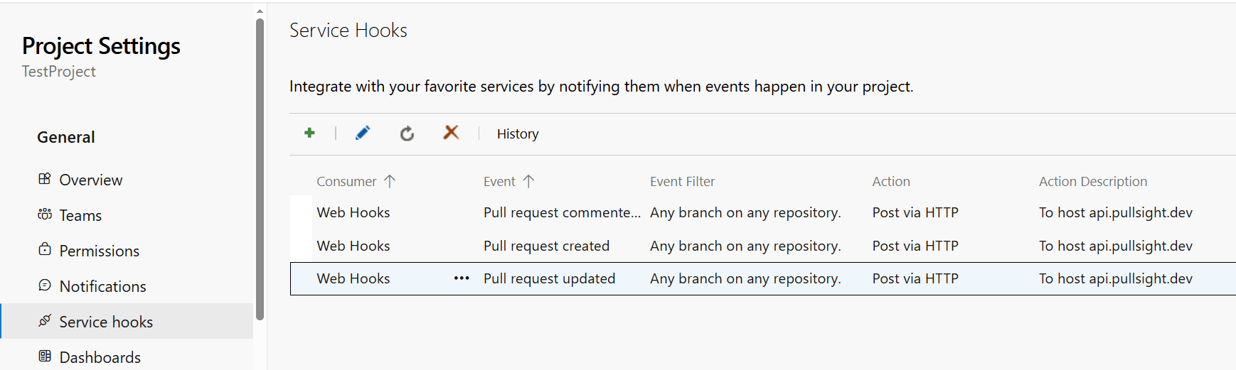 Azure DevOps Project Settings Service Hooks list with pull request webhook events