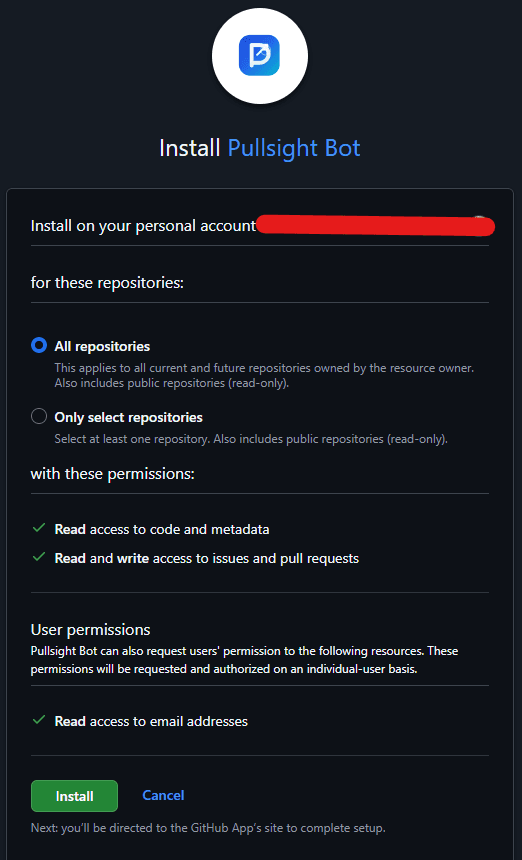 GitHub screen for installing Pullsight Bot and selecting repositories